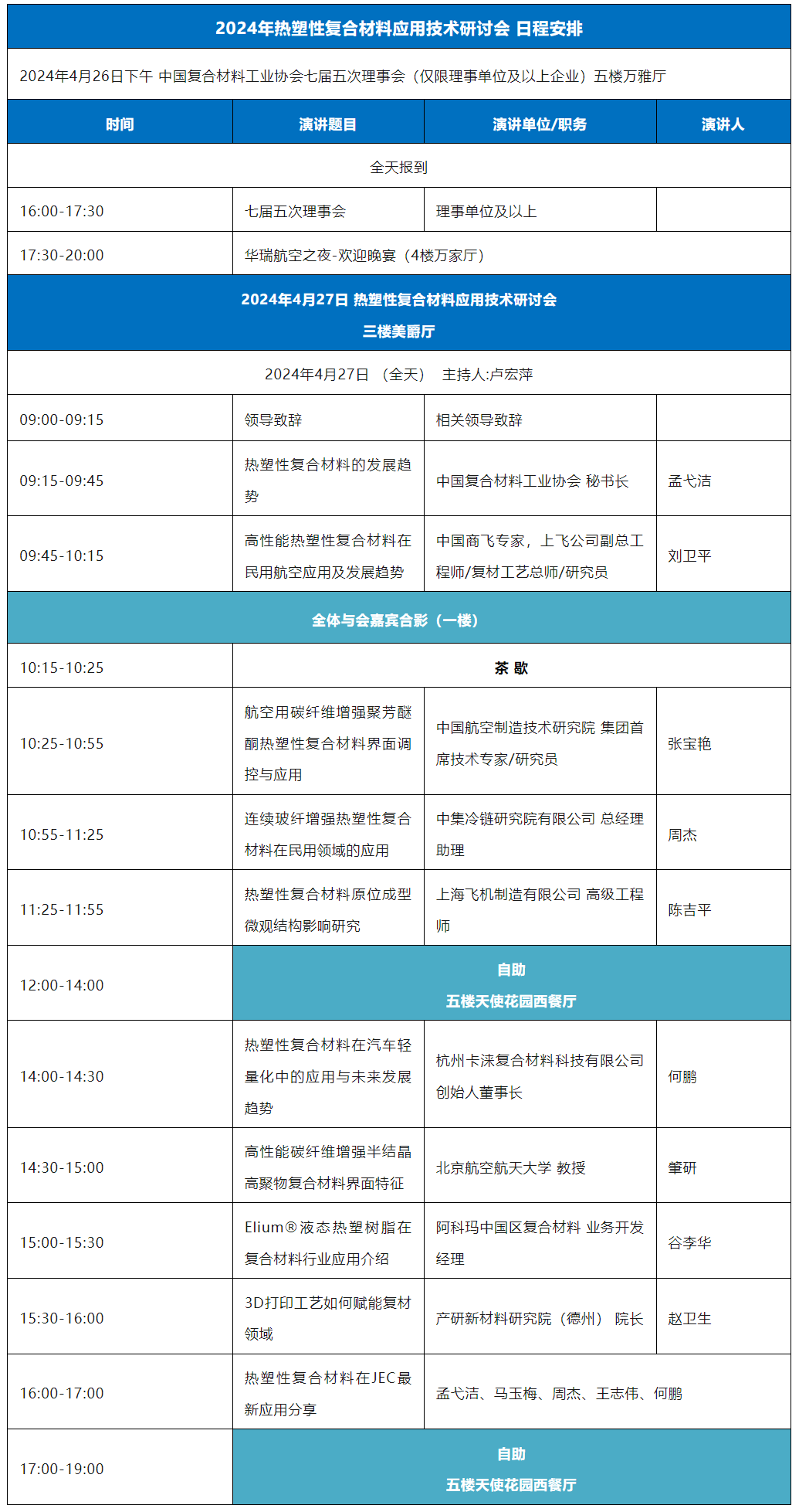 【會議日程】“熱塑性復合材料應用技術研討會”暨七屆五次理事會